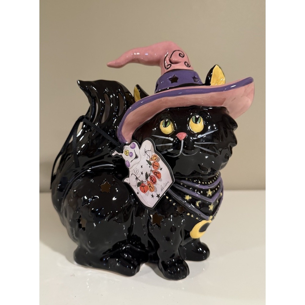 Blue Sky Clayworks Halloween Black Himalayan Persian Cat In Witches Hat Tealight